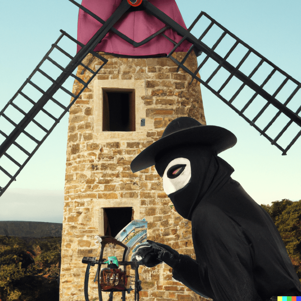 Surreal illustration of a masked figure in front of a windmill, symbolizing the negative impact of government price caps and taxes on green power producers, with curtailment risks and market destruction depicted.