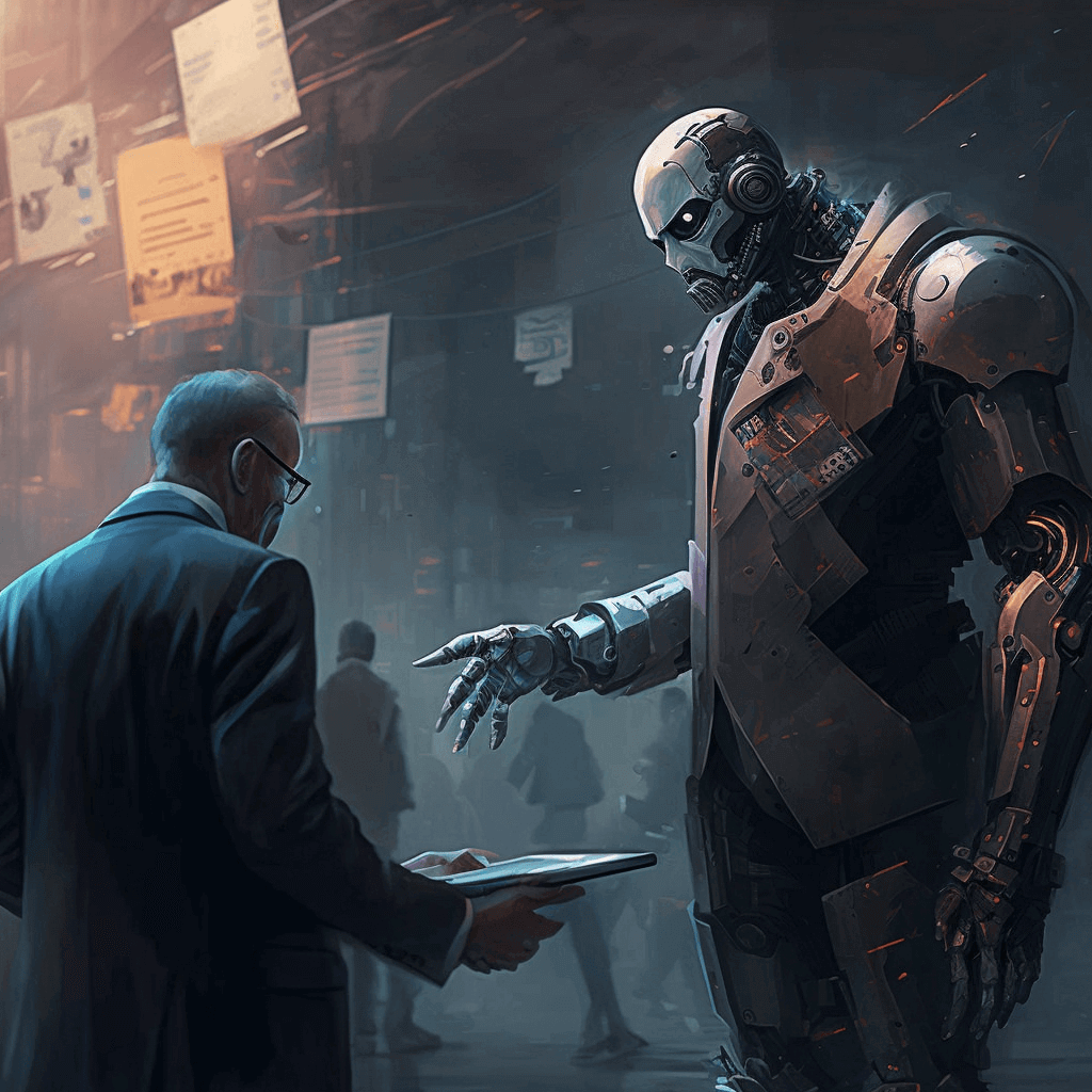 Symbolic scene of a robot interacting with a human, representing automated trading and the impact of AI on electricity markets