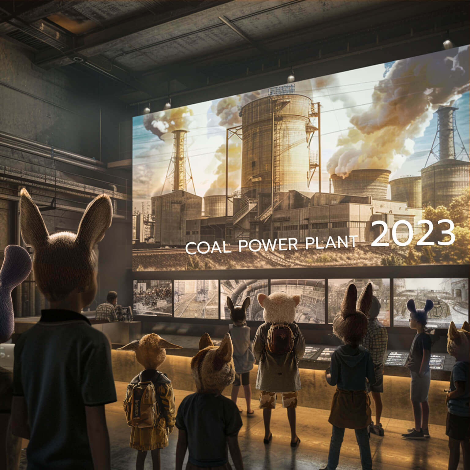 Animals watching a projection labeled “COAL POWER PLANT 2023”