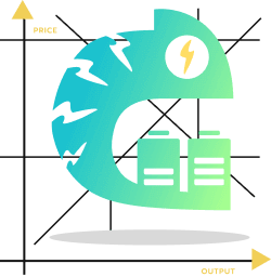 FlexPower chameleon with battery units and grid chart – representing flexibility through energy storage