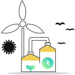 Wind turbine and solar farm symbolizing renewable electricity generation with storage support