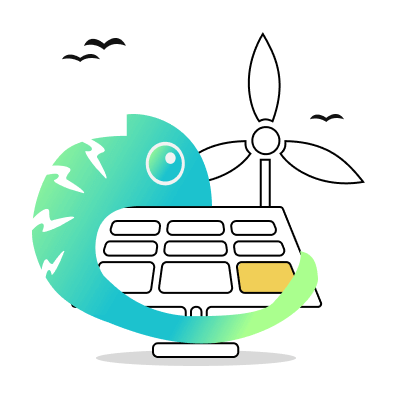 FlexPower-Chamäleon mit Windrad und Solarpanel – Symbol für den Handel großer Portfolios aus erneuerbaren Energien mit Hilfe von Prognosetechnologien