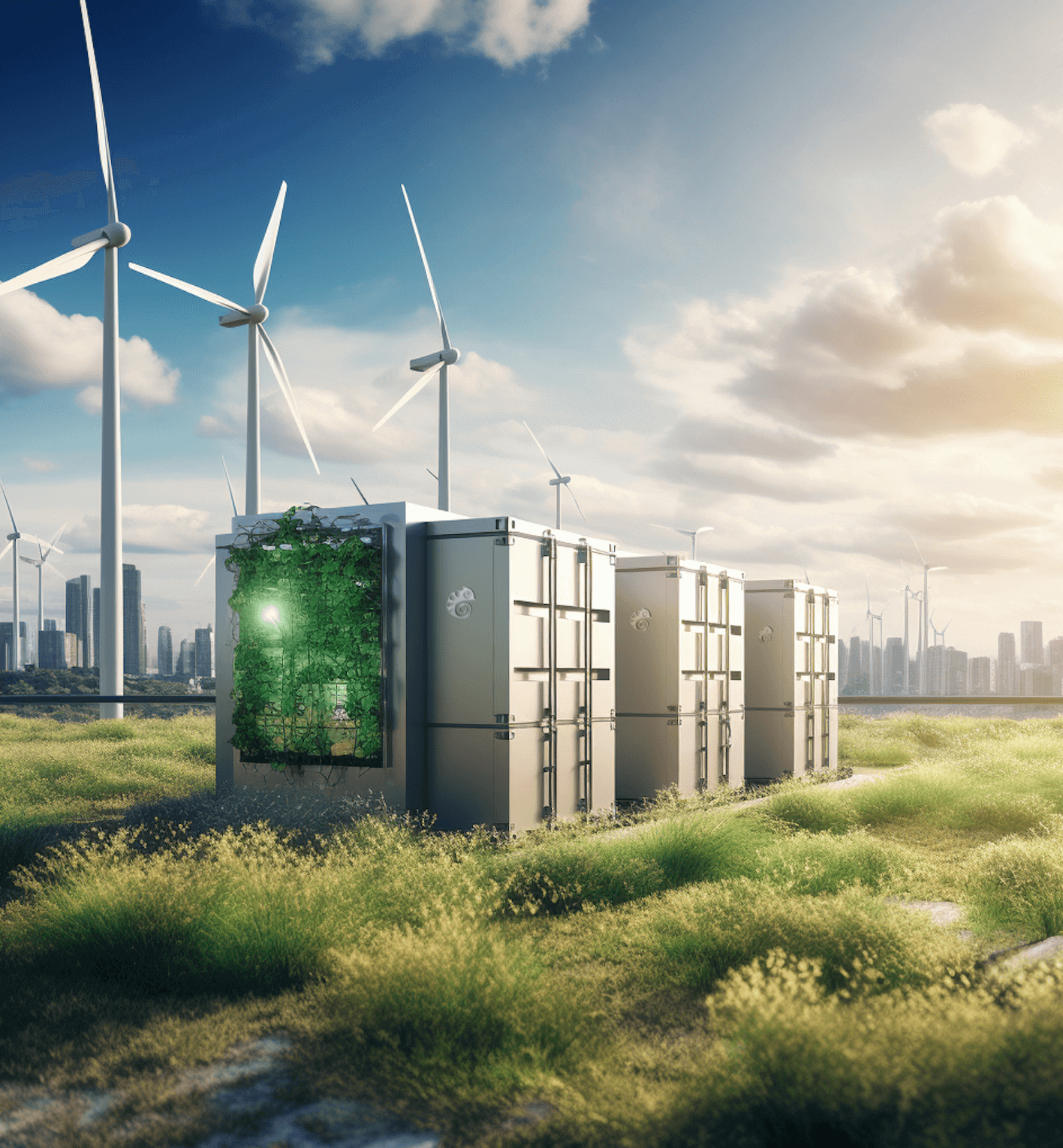 Battery storage units on grassland with wind turbines and city skyline in sunlight, symbolizing sustainable energy supply