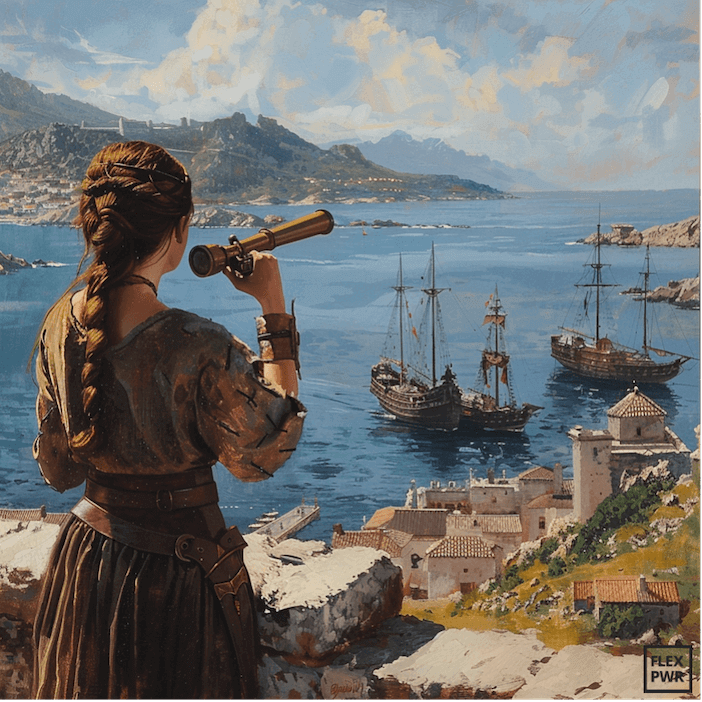 Illustration zur Geschichte von Ary über den Wert von Spekulation und Handel. Eine Frau beobachtet mit einem Fernrohr Schiffe im Hafen und symbolisiert frühe Marktbeobachtung und Informationsvorsprung